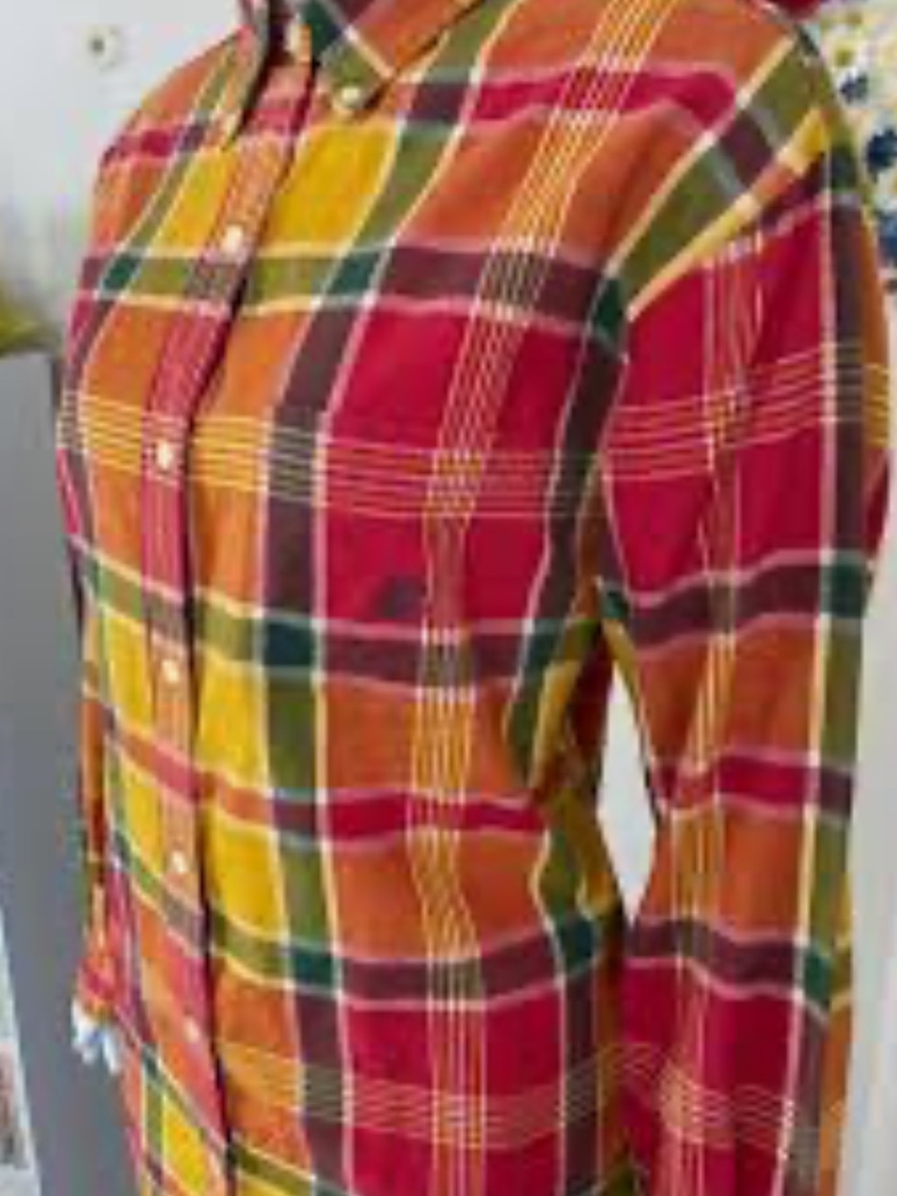 TOAD AND CO Bright Plaid Button-Up Shirt in Red, Orange & Yellow! M